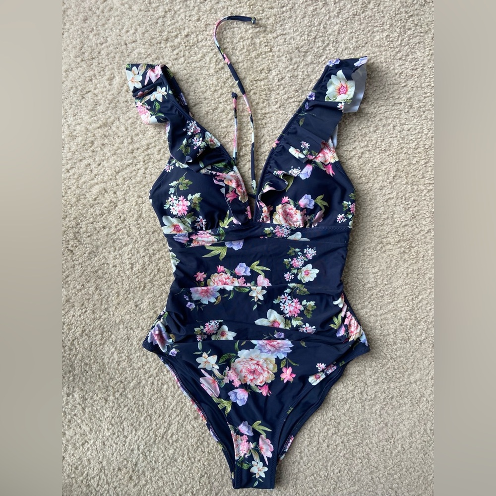 Cupshe Navy Floral Tank One-piece swimsuit